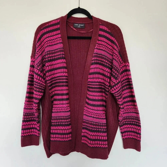 Lane Bryant 18/20 Cardigan Sweater Chunky Knit Fair Isle Maroon Pink Ribbed - Picture 1 of 8